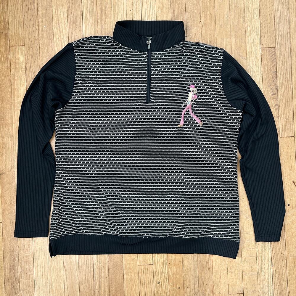 Embroidered Fashionista Sweater Black White 1/4 Zip Women Large